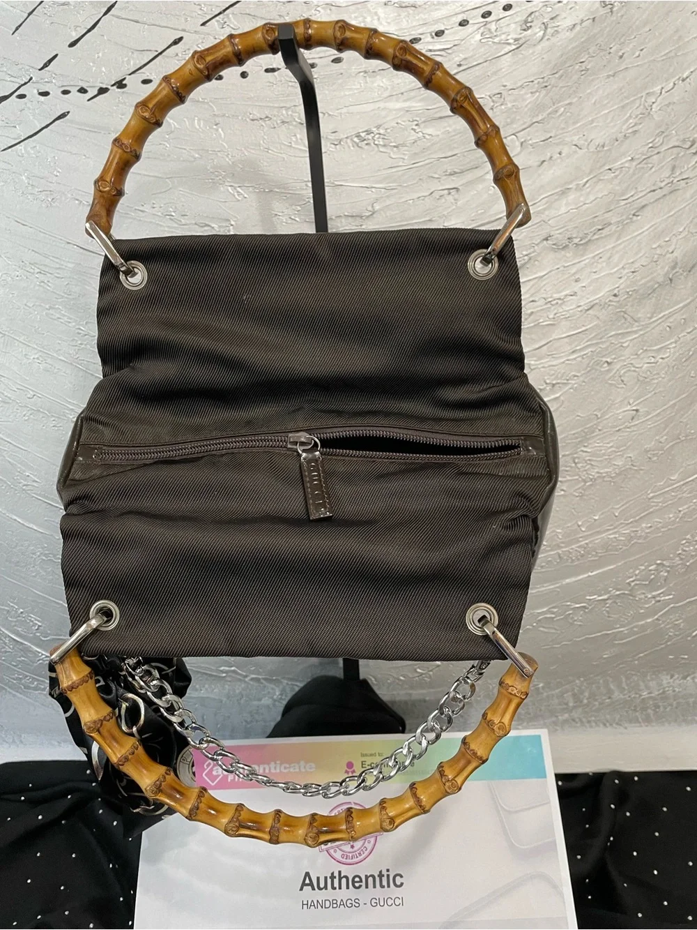 Gucci Dark Brown Handbag with Bamboo handles in nylon and patent leather